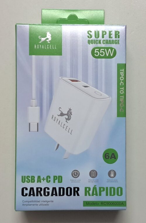 Cargador 55w 1 puerto C y 1 puerto USB + cable C a C RoyalCell
